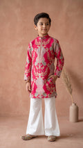 Royal Magenta Embroidered Boys Kurta Set with Bell-Bottom Trousers
