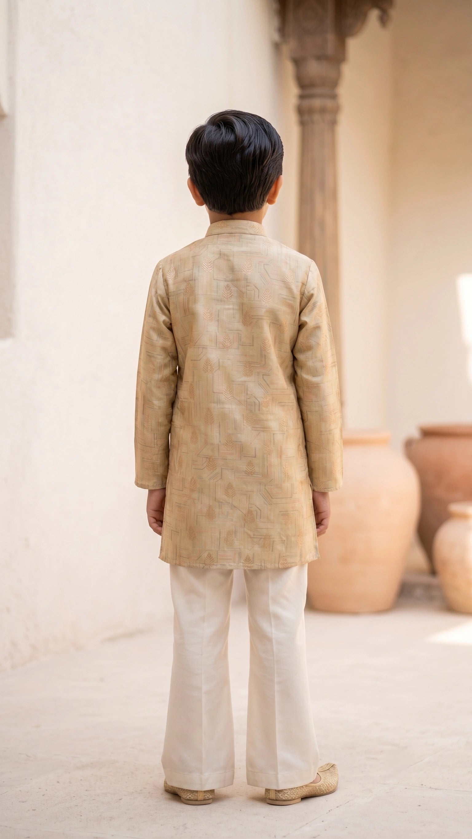 Boys Beige-Gold Printed Kurta with Off-White Bootcut Trouser Set
