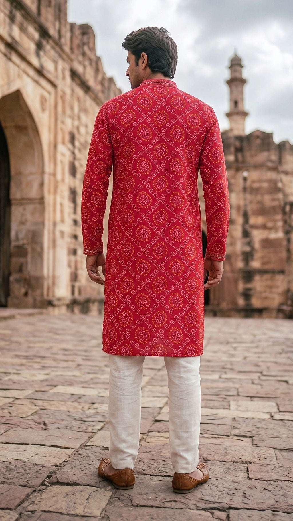 Men's Crimson Red Bandhani Printed Kurta with Embroidered Mandarin Collar