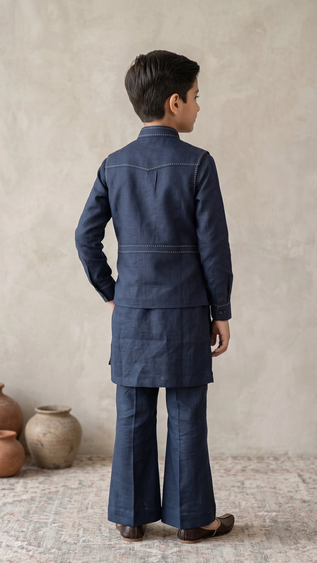 Boys Navy Blue Embroidered Nehru Jacket Set with Kurta & Broad-Fit Trousers