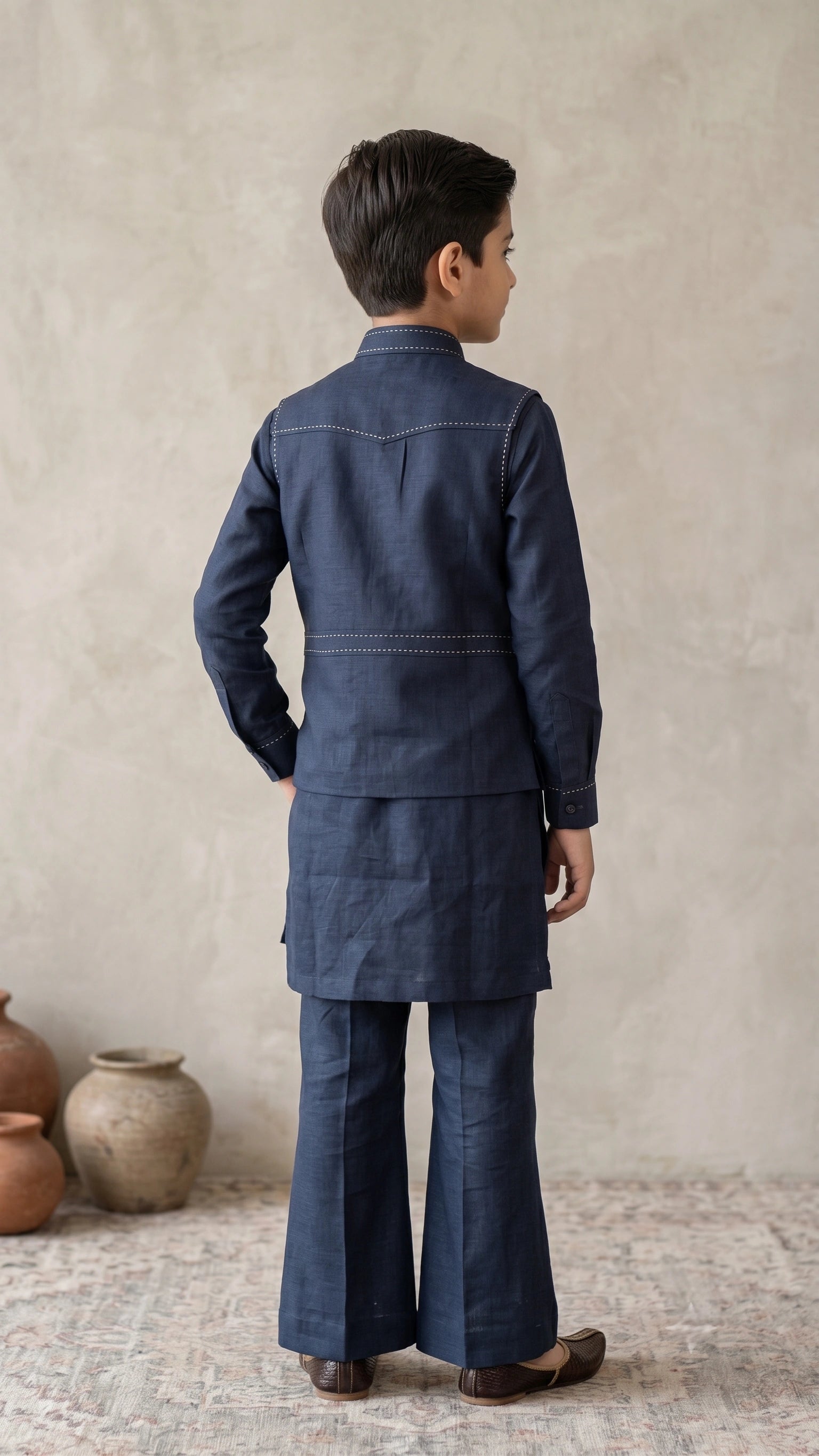 Boys Navy Blue Embroidered Nehru Jacket Set with Kurta & Broad-Fit Trousers