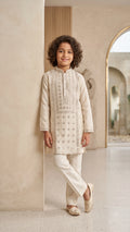 Ivory Hand-Embroidered Mirror-Work Kurta Set for Boys