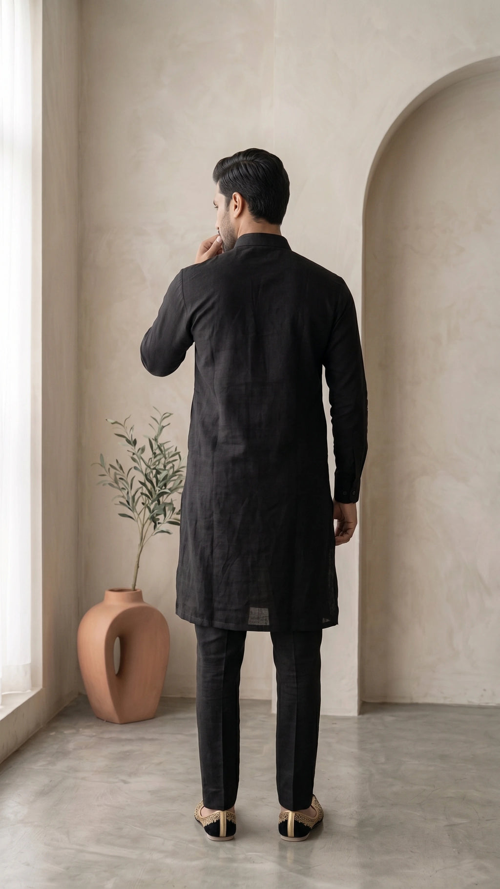 Onyx Black Silk-Linen Kurta Set with Gold Geometric Chest Embroidery