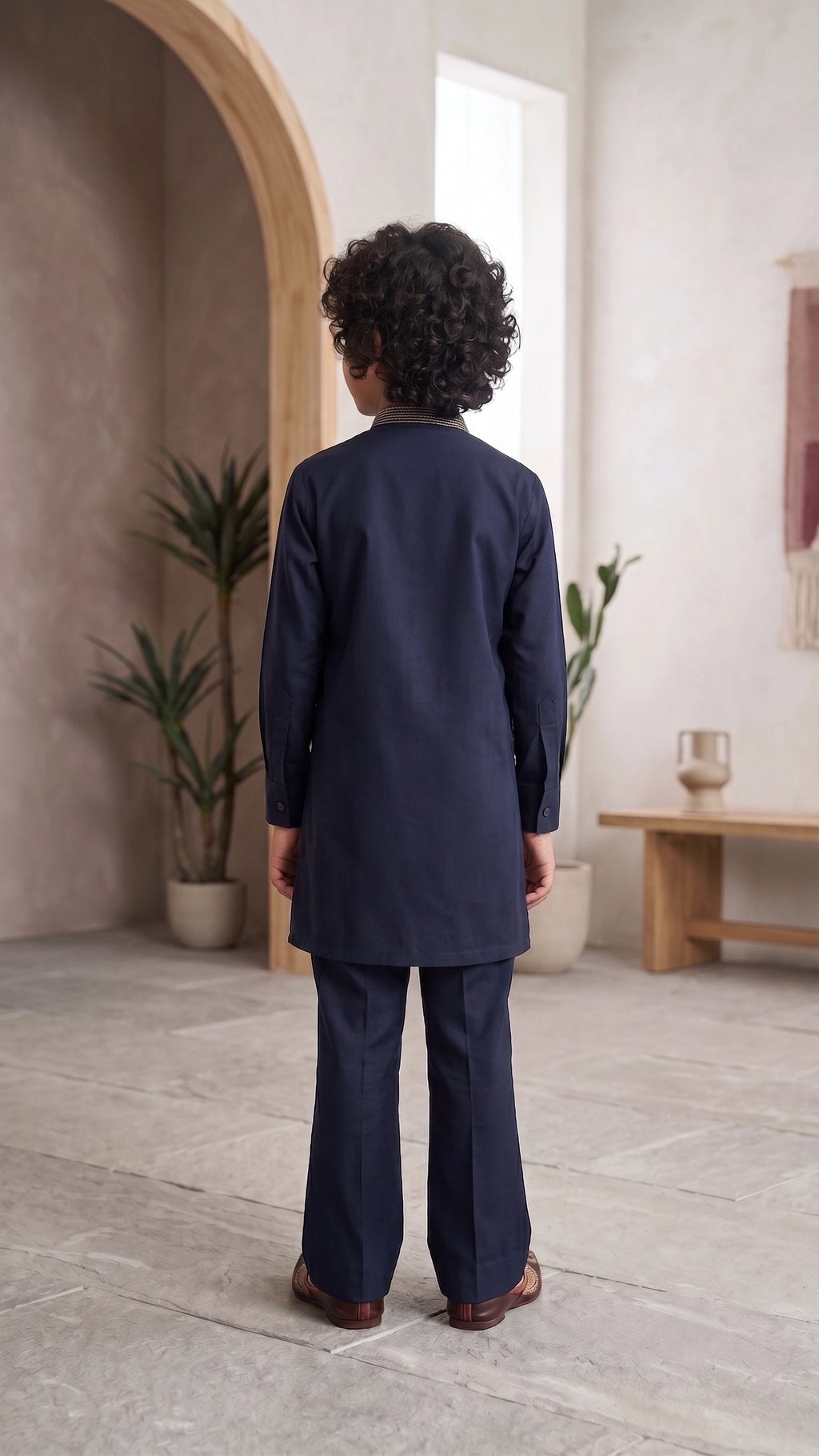 Royal Navy Textured Embroidered Kurta & Bootcut Pant Set for Boys
