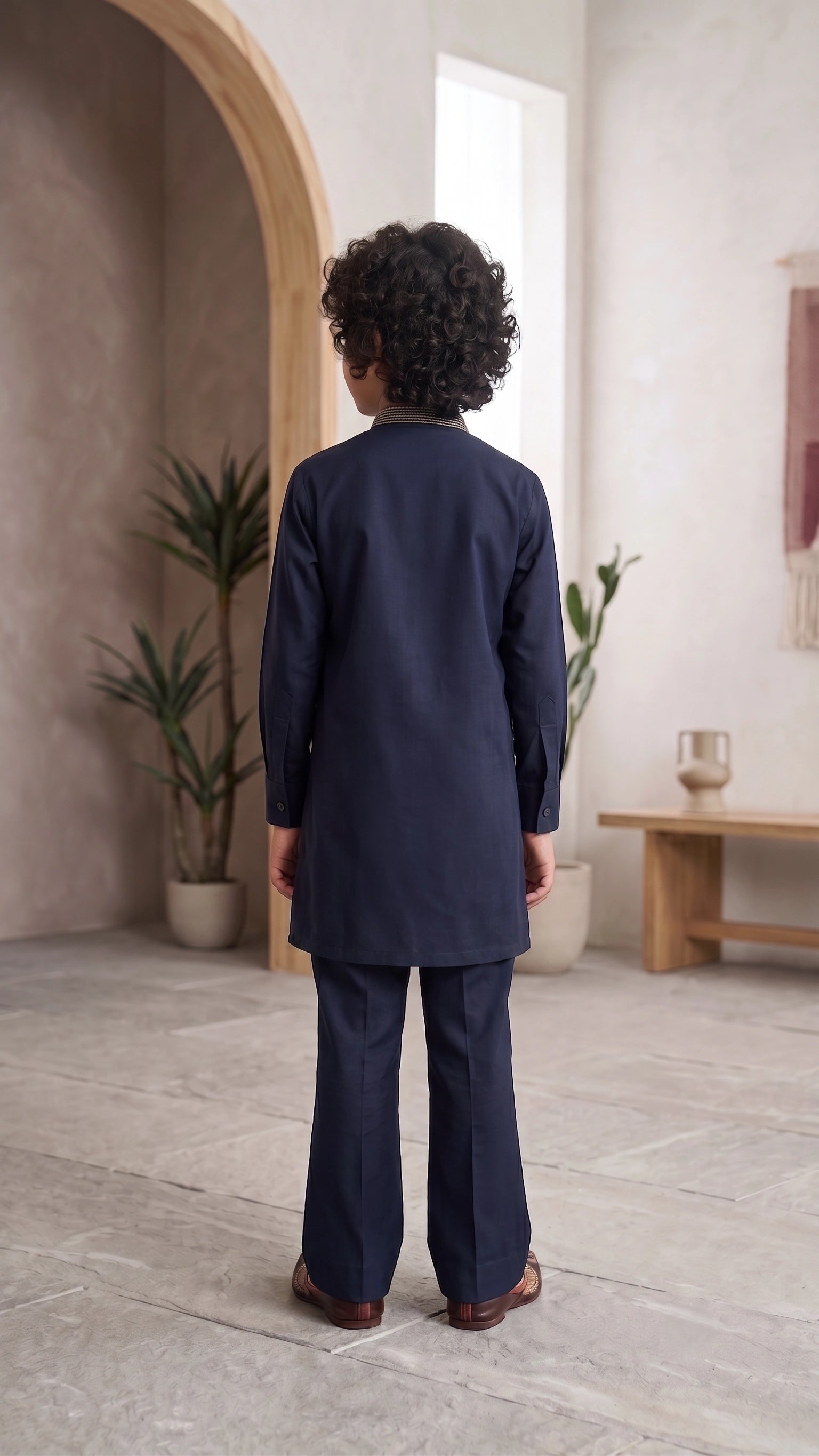 Royal Navy Textured Embroidered Kurta & Bootcut Pant Set for Boys