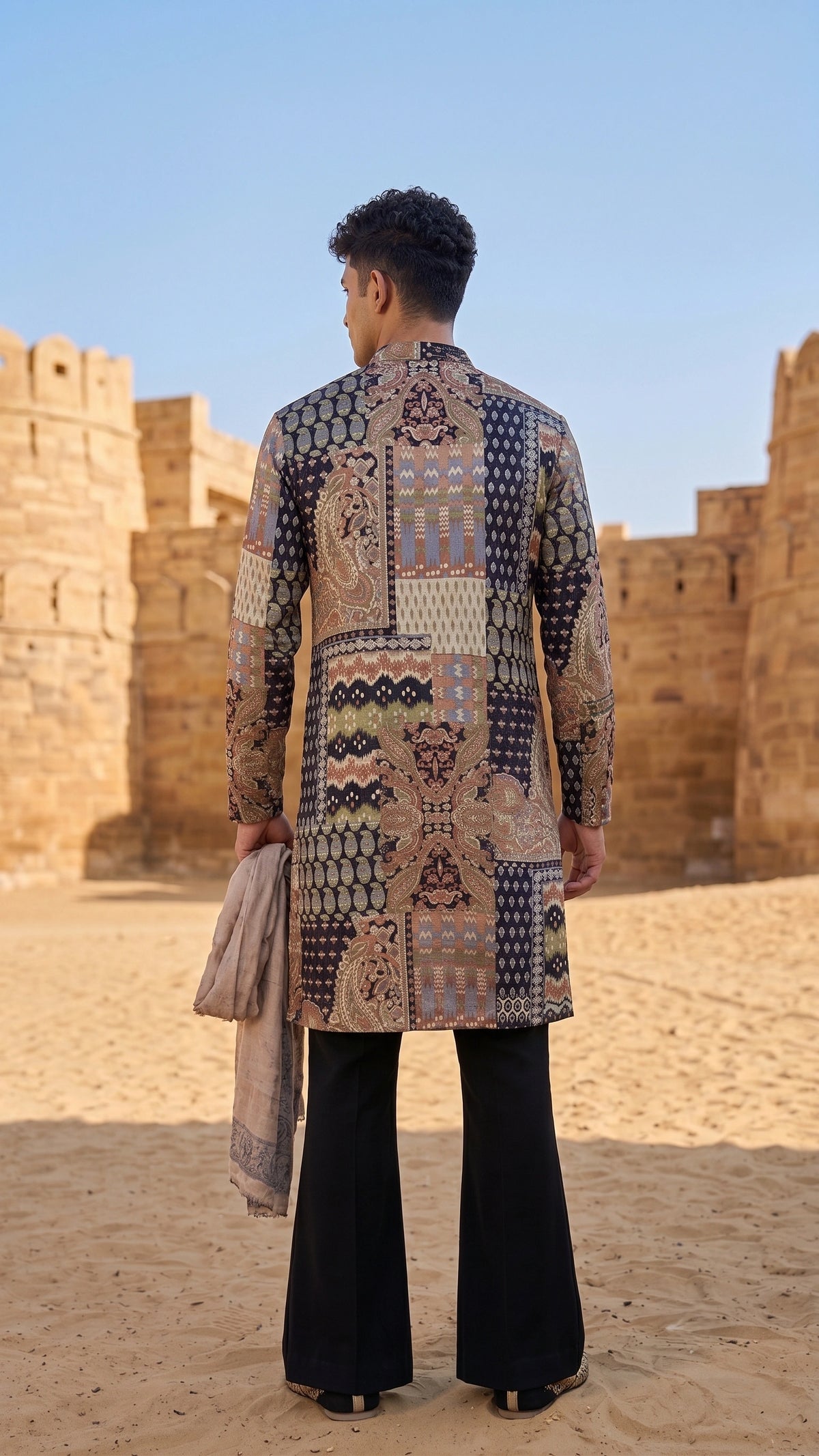 The Heritage Mosaic: Multicolor Jacquard Silk Patchwork Kurta for men