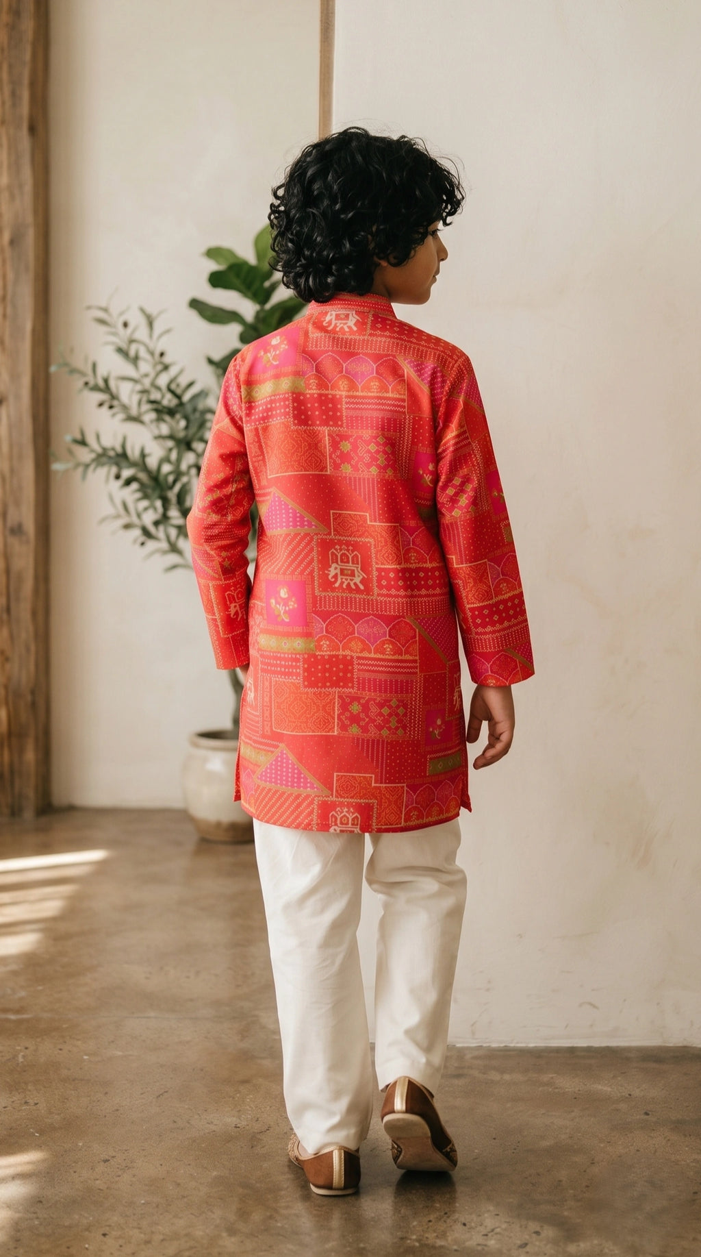 Festive Coral Bandhani Print Boys Kurta Set