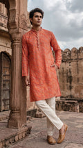 Rust Orange Leheriya Pattern Men's Kurta