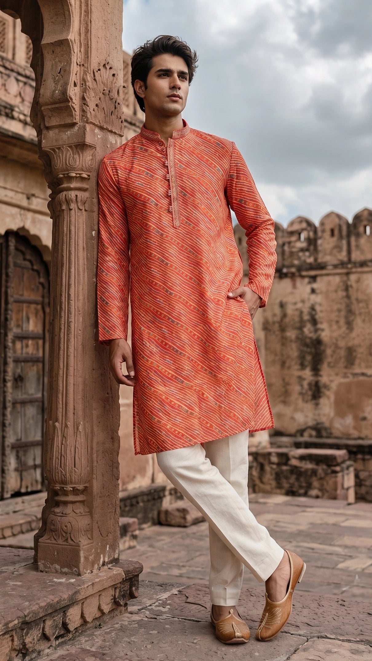Rust Orange Leheriya Pattern Men's Kurta