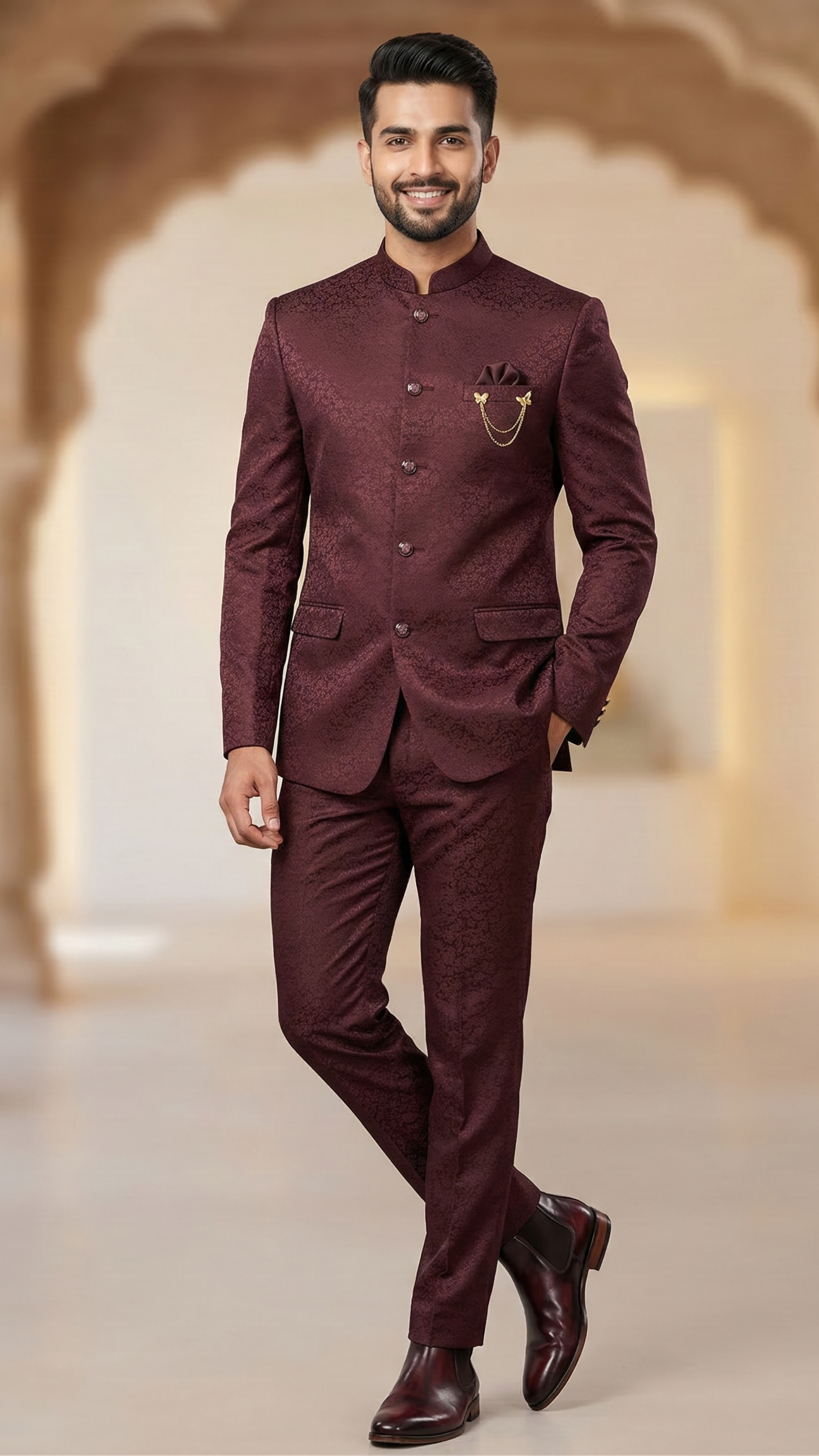 Royal Wine Floral Jacquard Jodhpuri Suit