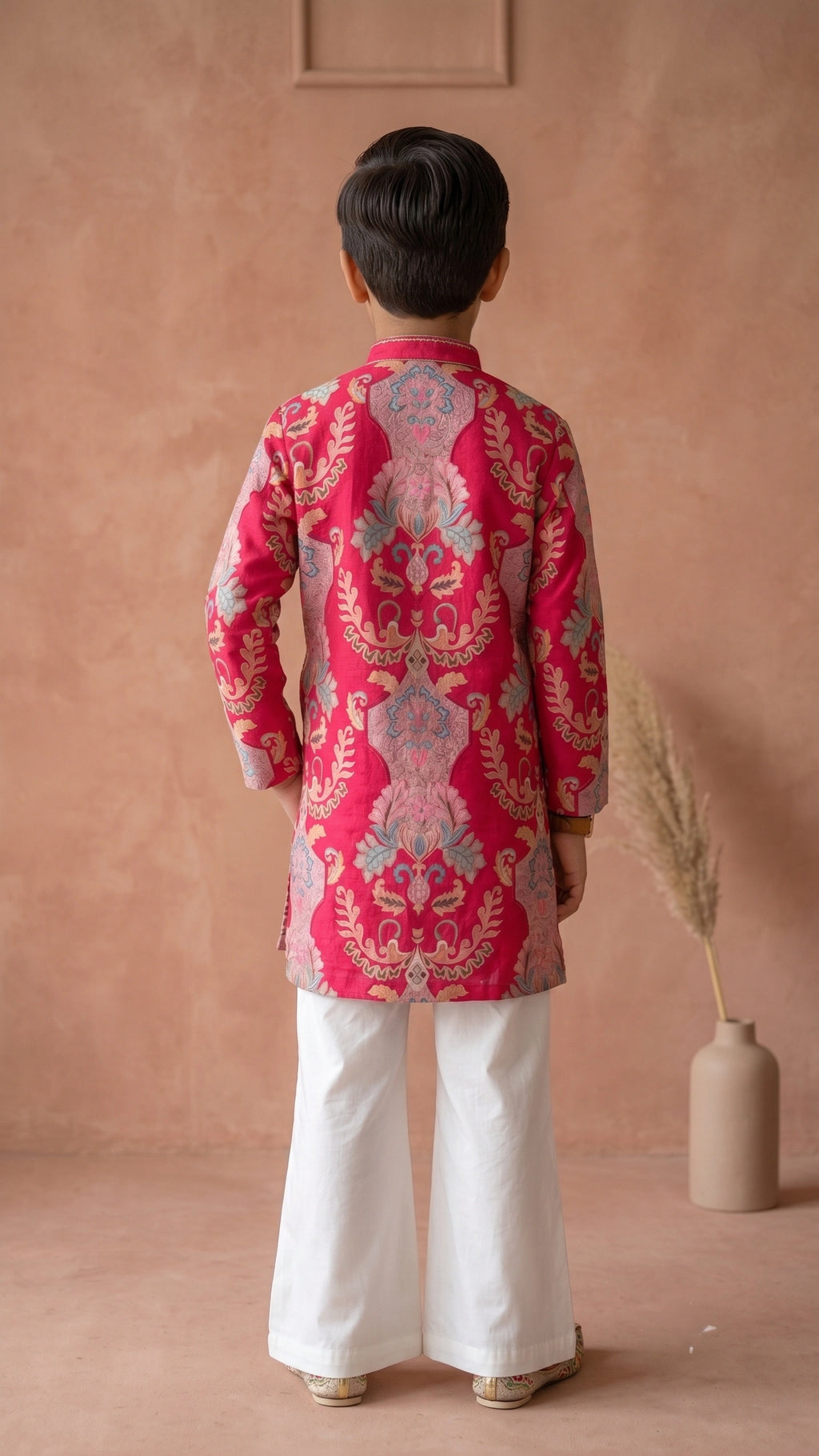 Royal Magenta Embroidered Boys Kurta Set with Bell-Bottom Trousers