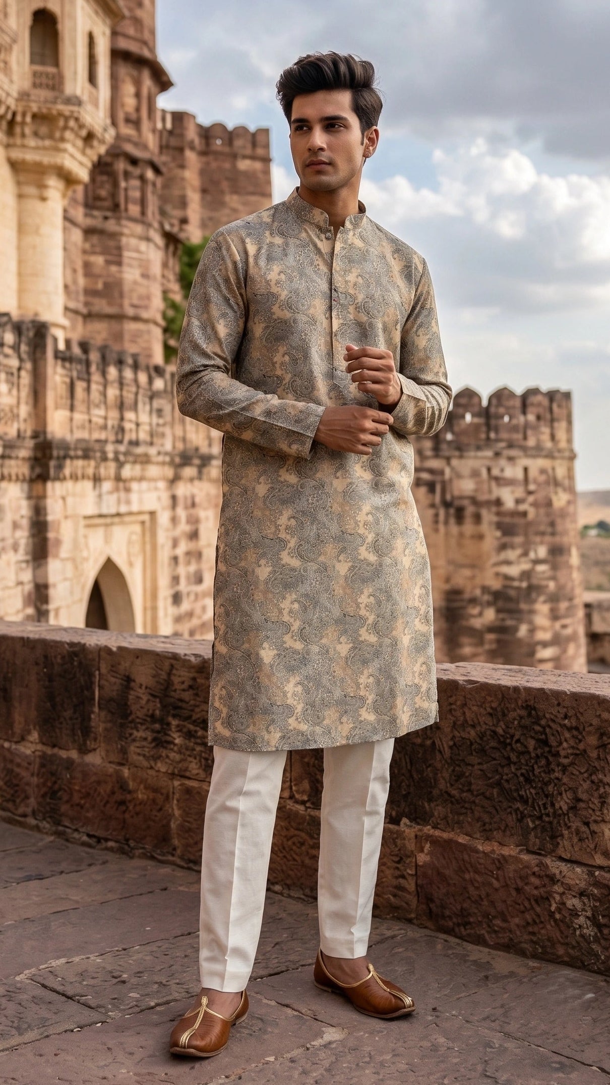Vintage Beige & Slate Paisley Printed Kurta for Men