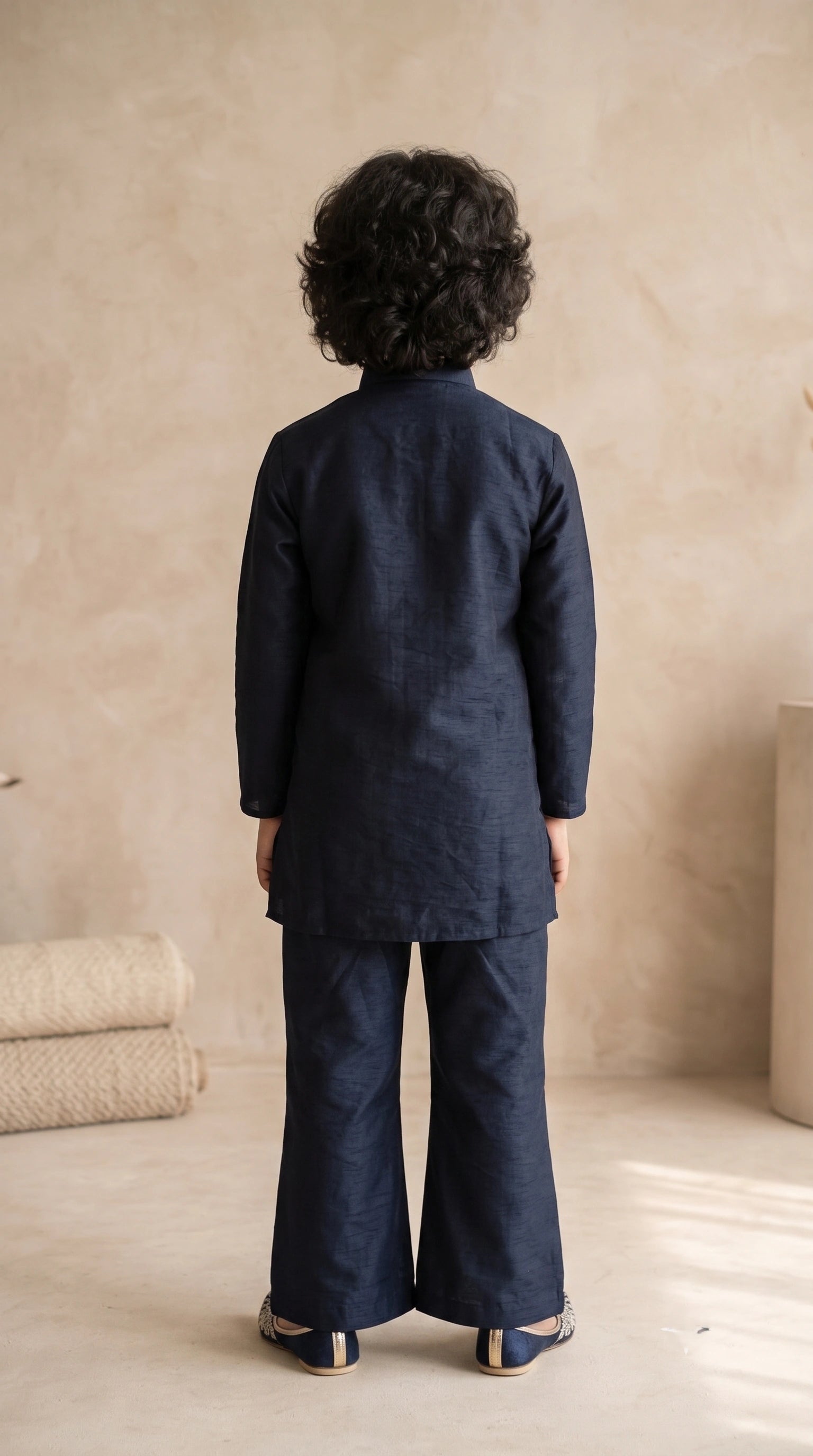 Boys Deep Navy Crystal-Work Raw Silk Kurta & Bell-Bottom Set