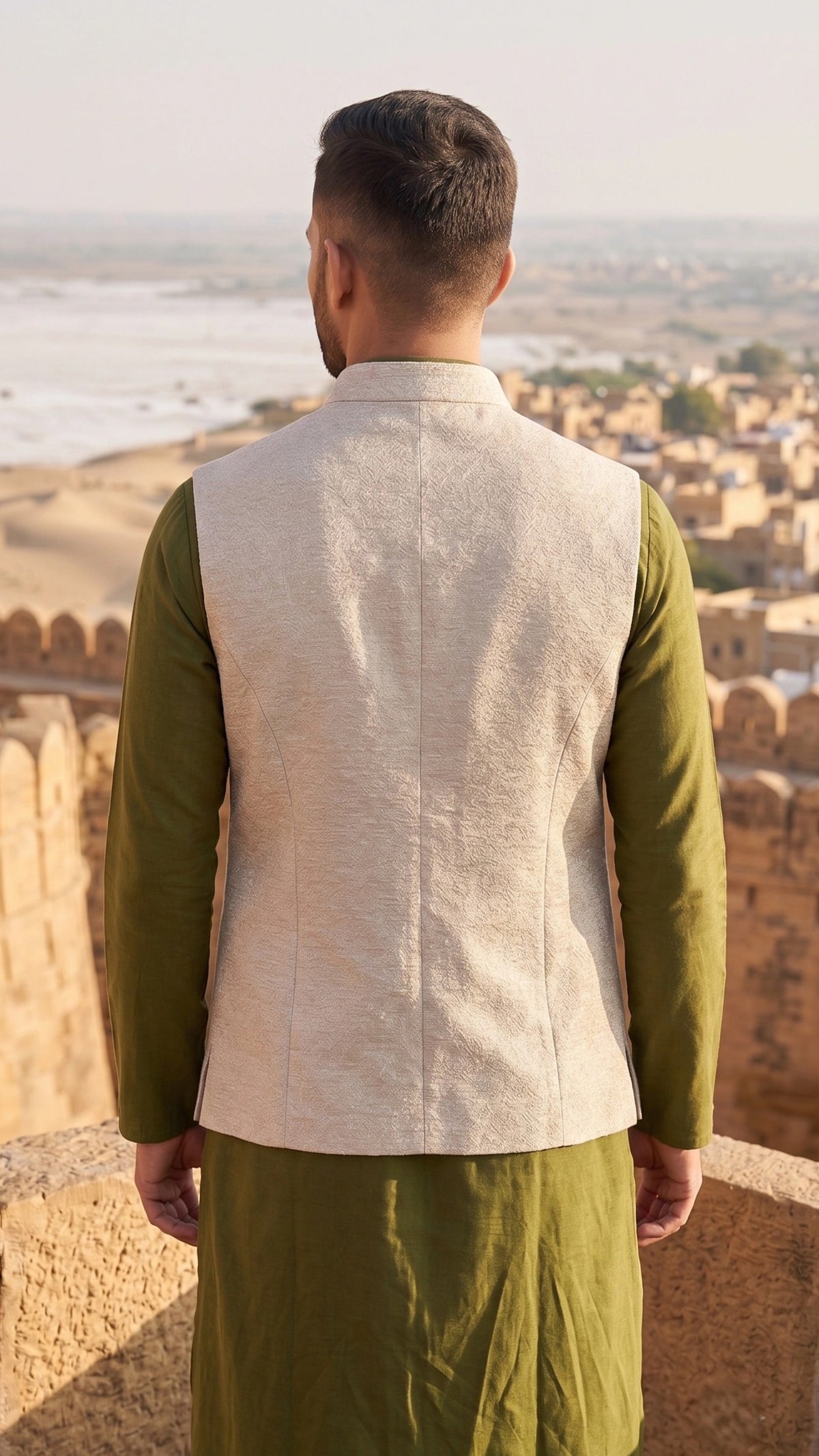 Champagne Textured Raw Silk Nehru Jacket with Handcrafted Star Brooch