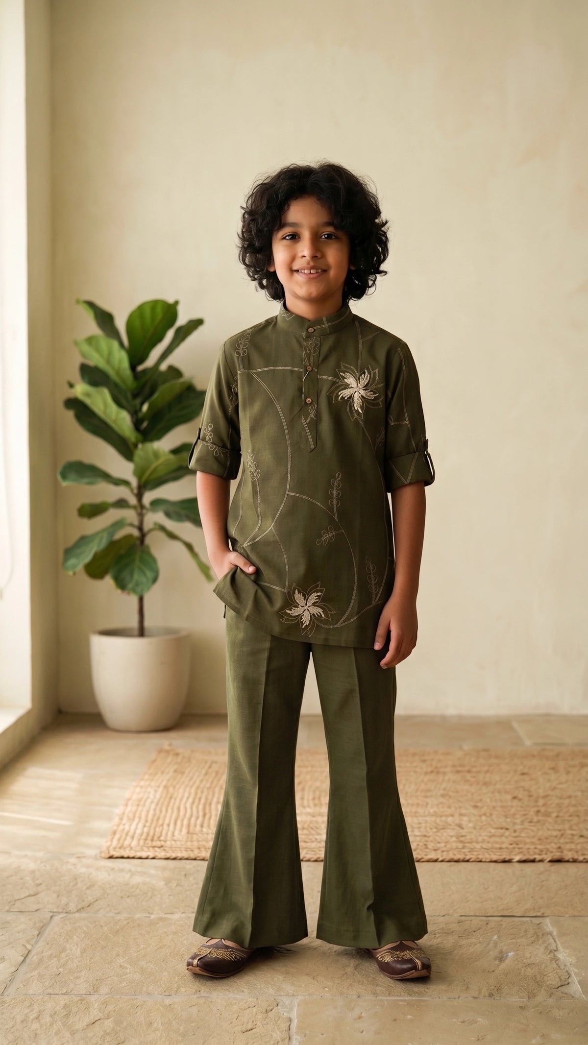 Olive Green Embroidered Short Kurta & Flared Pant Set for Boys