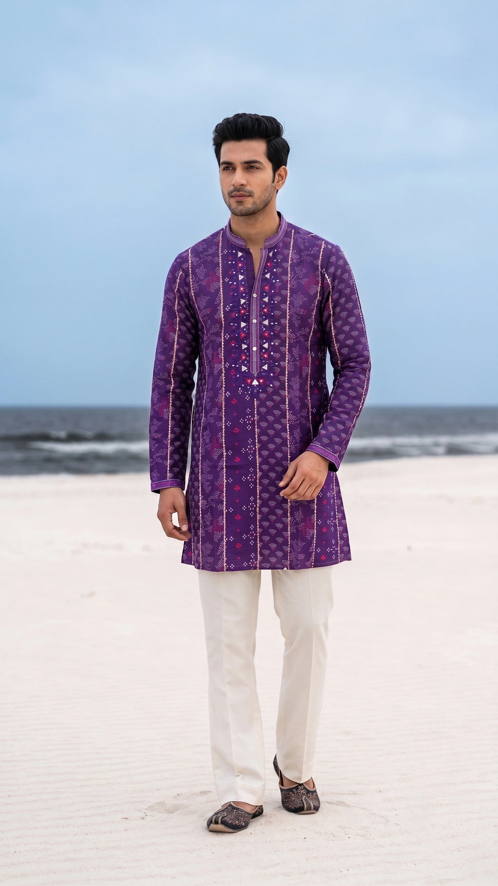 Royal Violet Bandhani Print Short Kurta Set with Embroidered Placket