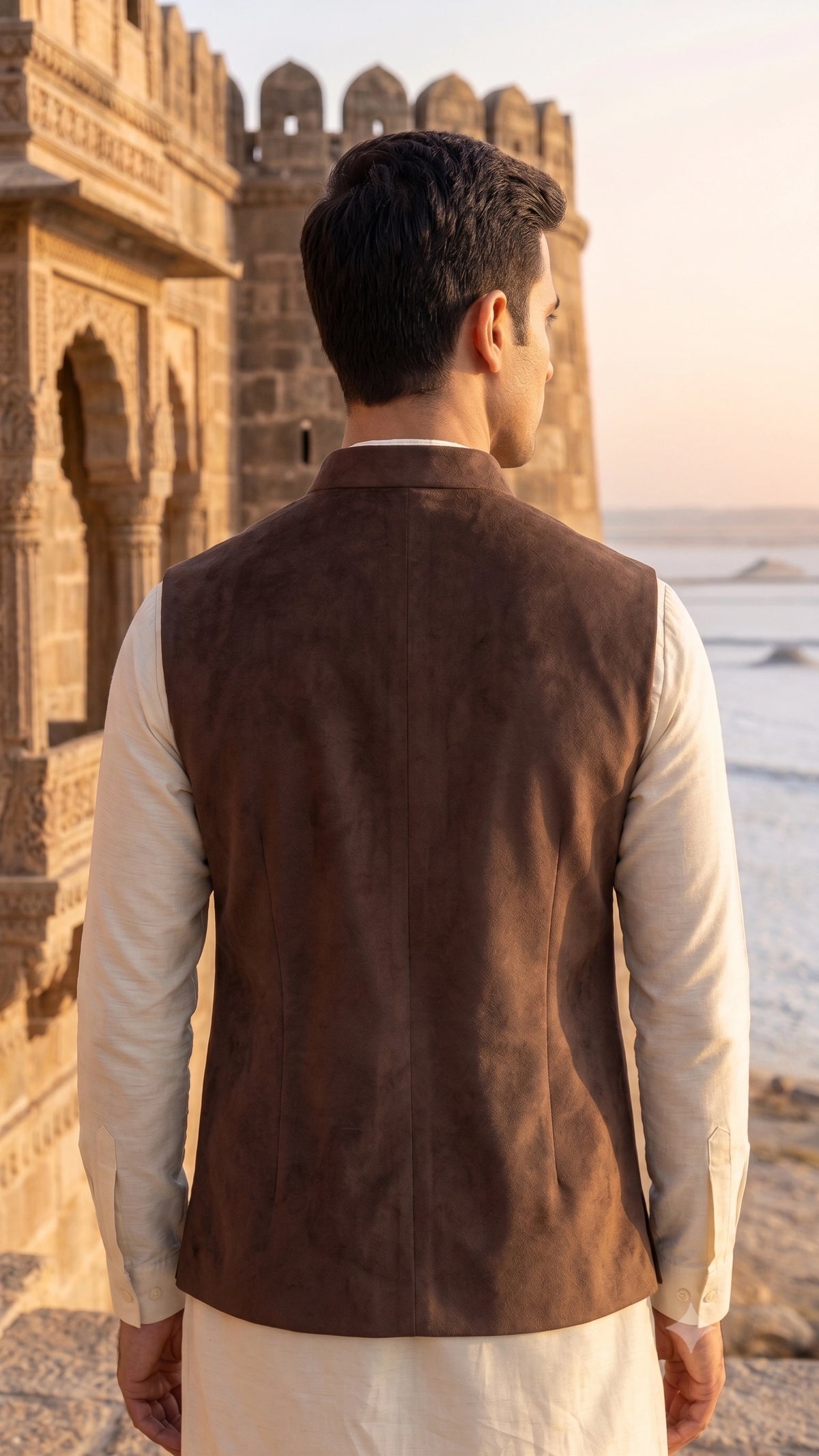 Men’s Earthy Brown Suede Nehru Jacket / Waistcoat
