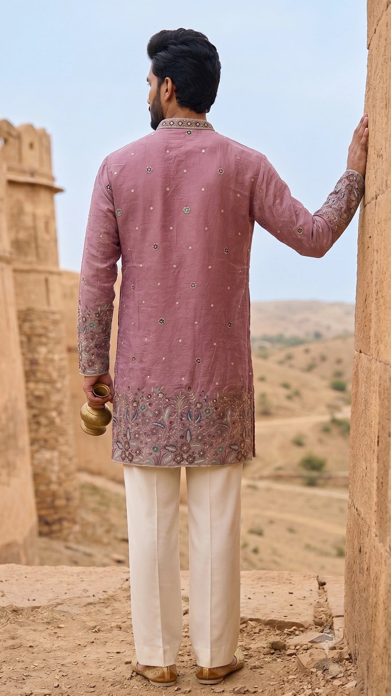 Mauve Pink Intricately Embroidered Kurta with Cutwork Border