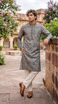 Slate Grey Digital Print Kurta with Subtle Sequins & Placket Detail