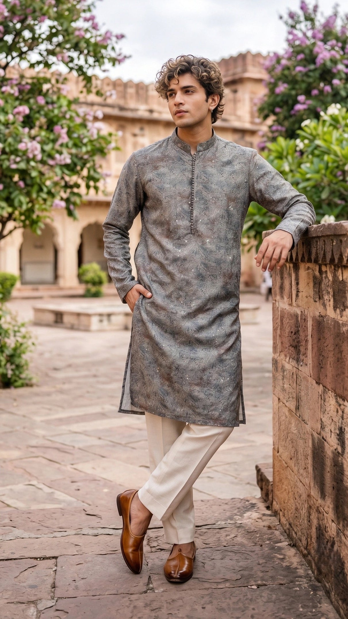 Slate Grey Digital Print Kurta with Subtle Sequins & Placket Detail