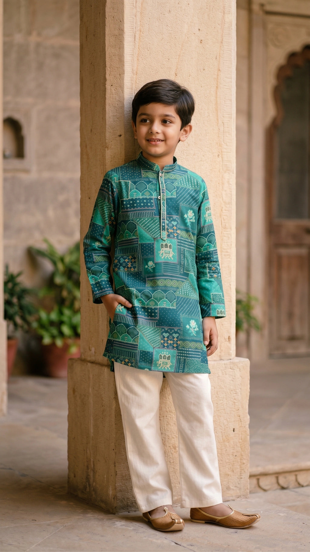 Boys Emerald Green Bandhani & Heritage Motif Kurta Set