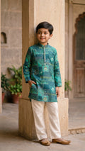 Boys Emerald Green Bandhani & Heritage Motif Kurta Set