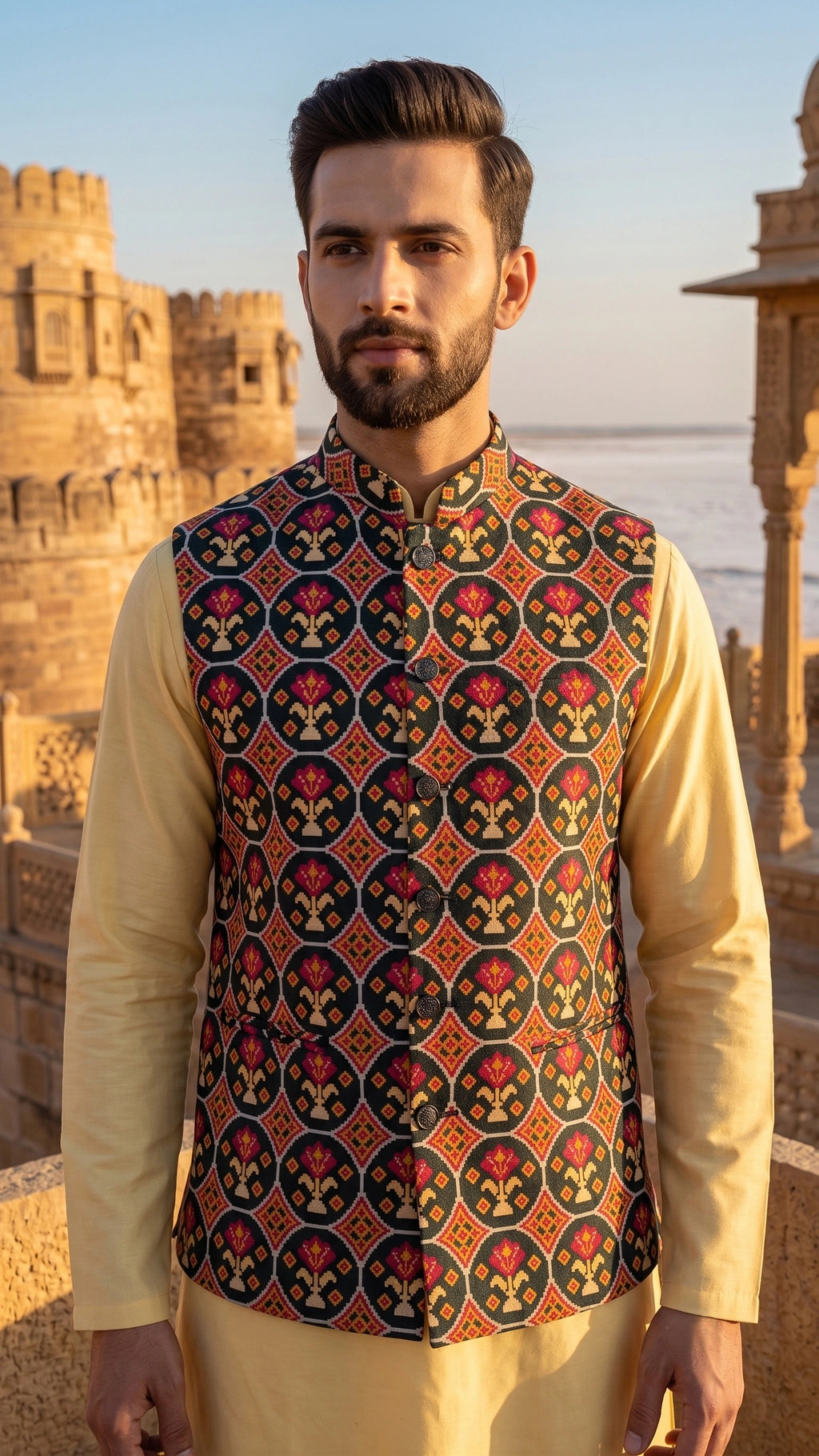 Heritage Emerald Patola Print Nehru Jacket / Waistcoat