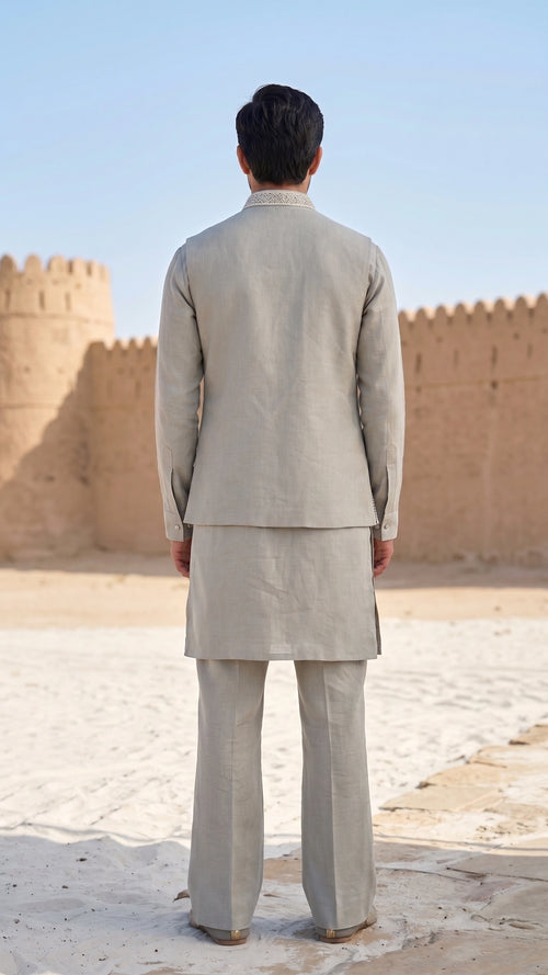 Ash Grey Hand-Embroidered Bundi Jacket Set with Bootcut Trousers
