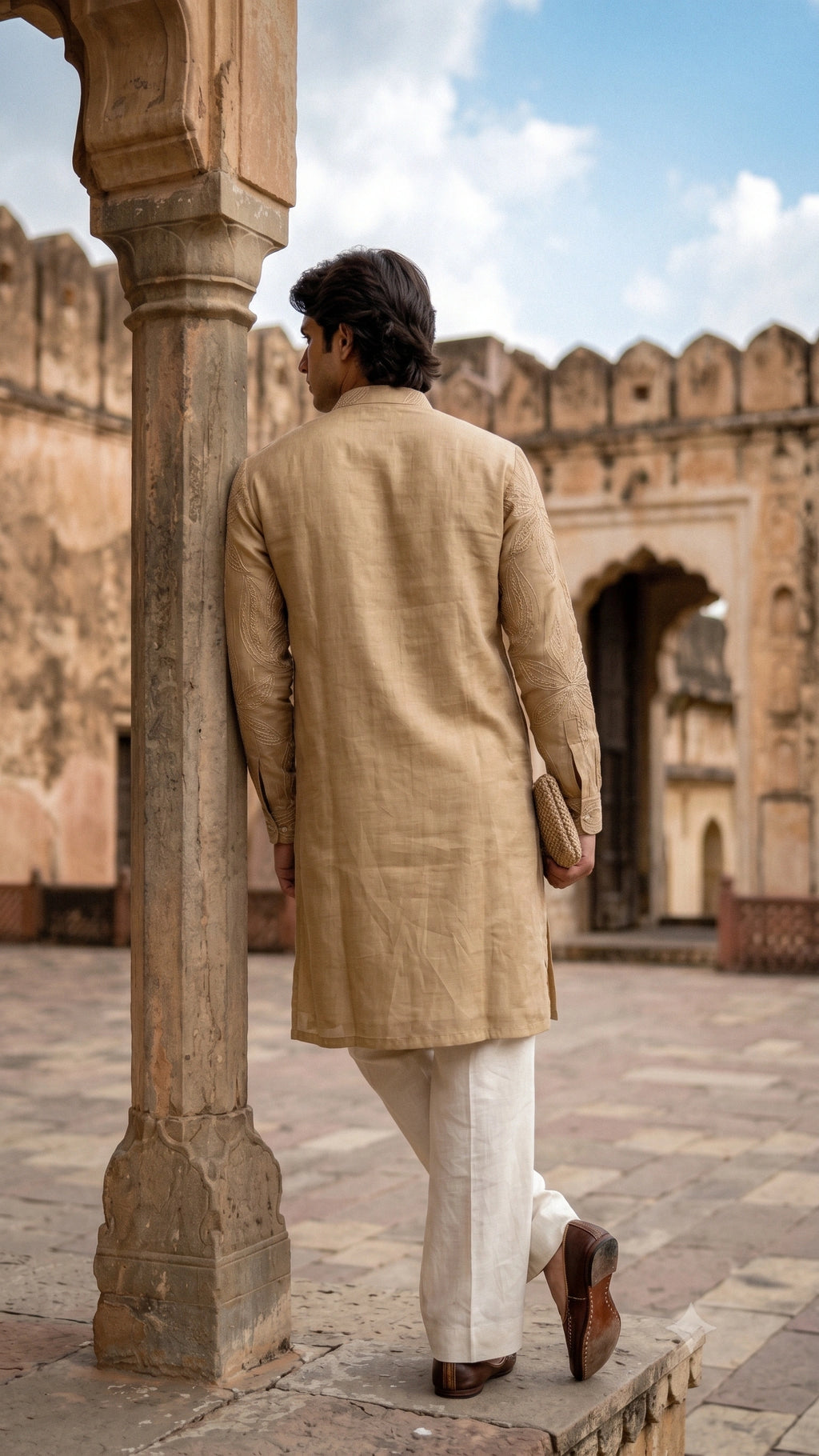 Men's Luxury Embroidered Festive Kurta – Golden Beige Tonal Work
