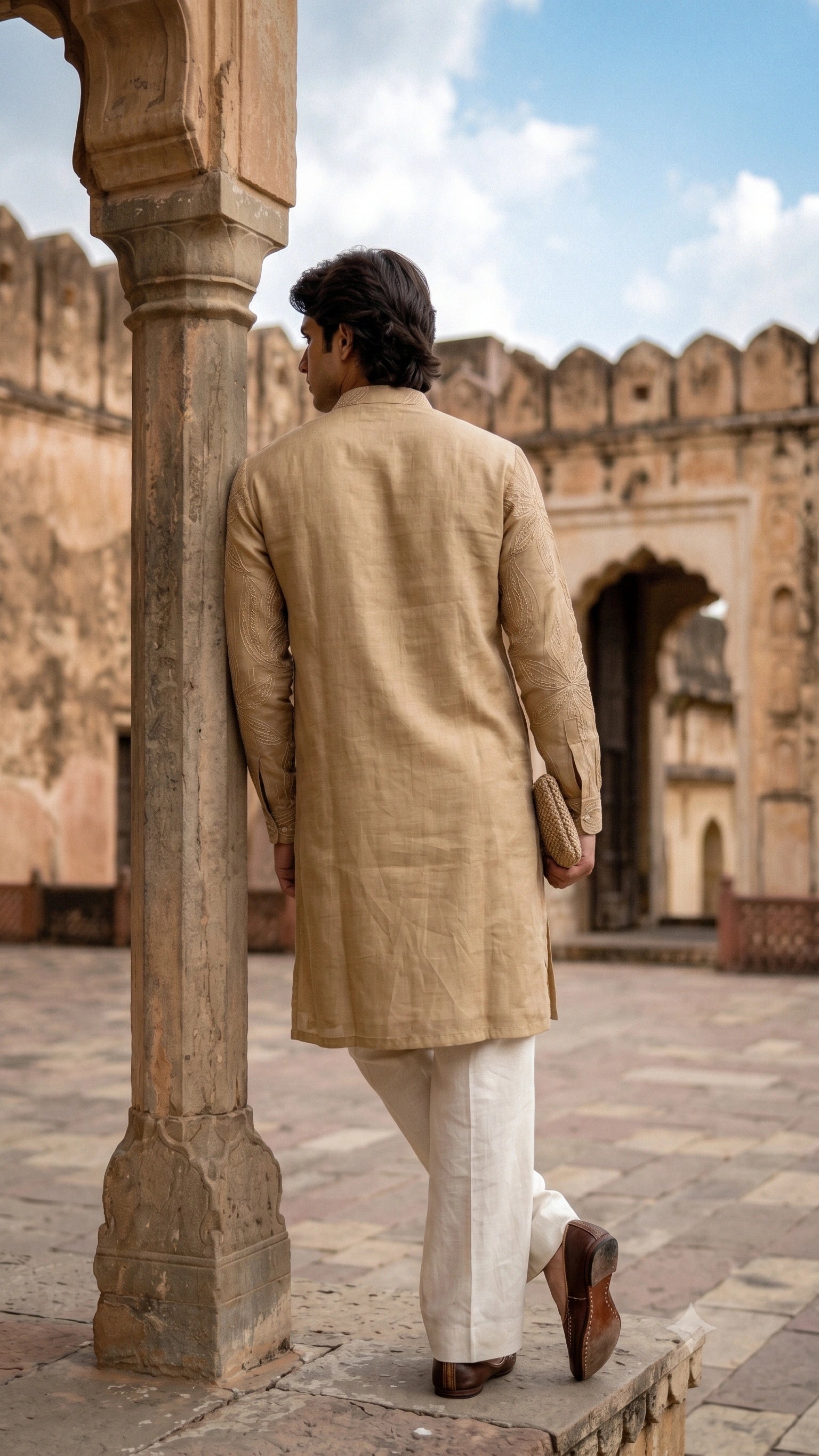 Men's Luxury Embroidered Festive Kurta – Golden Beige Tonal Work