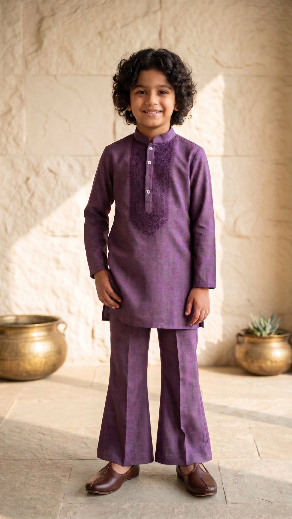 Boys Regal Plum Embroidered Kurta & Flared Pant Set