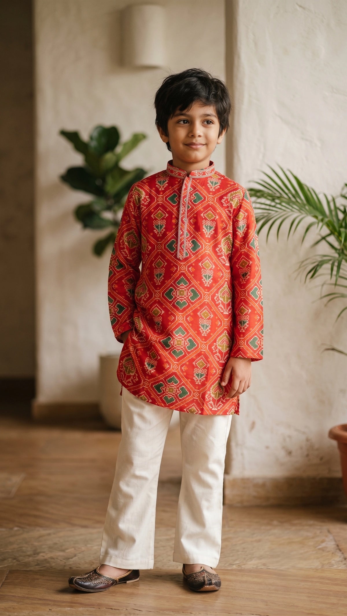 Boys Festive Crimson Red Bandhani Print Kurta with Off-White Bootcut Trousers