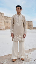 Beige Slub-Linen Embroidered Kurta for men