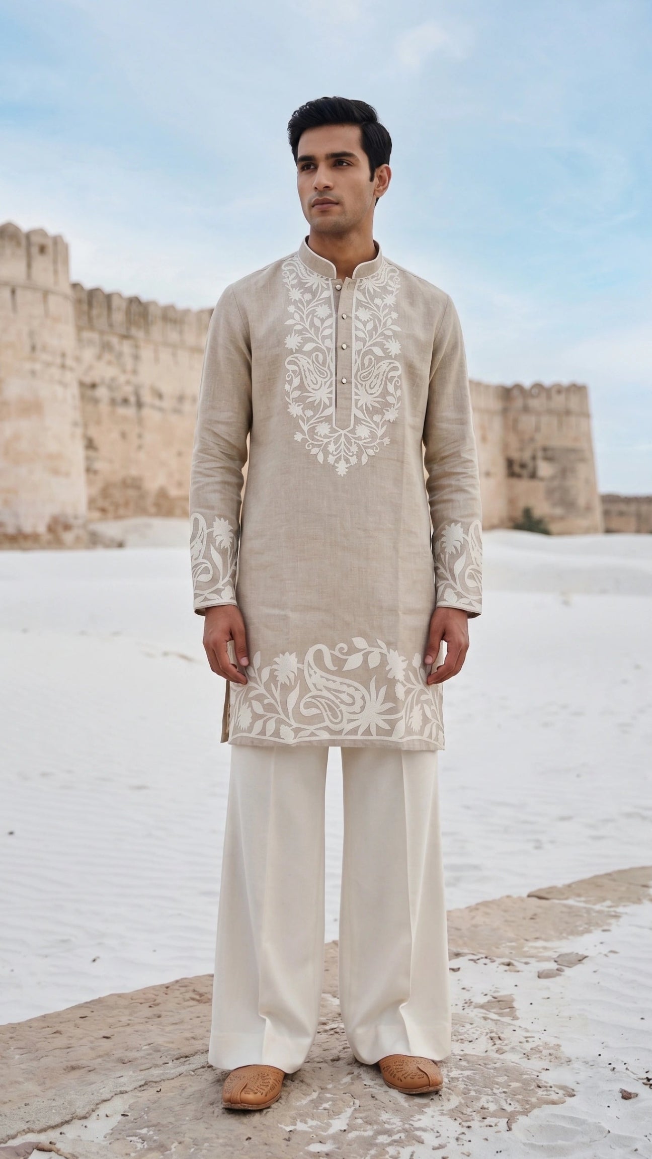 Beige Slub-Linen Embroidered Kurta for men