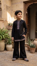 Boys' Jet-Black Embellished Kurta & Wide-Leg Trouser Set