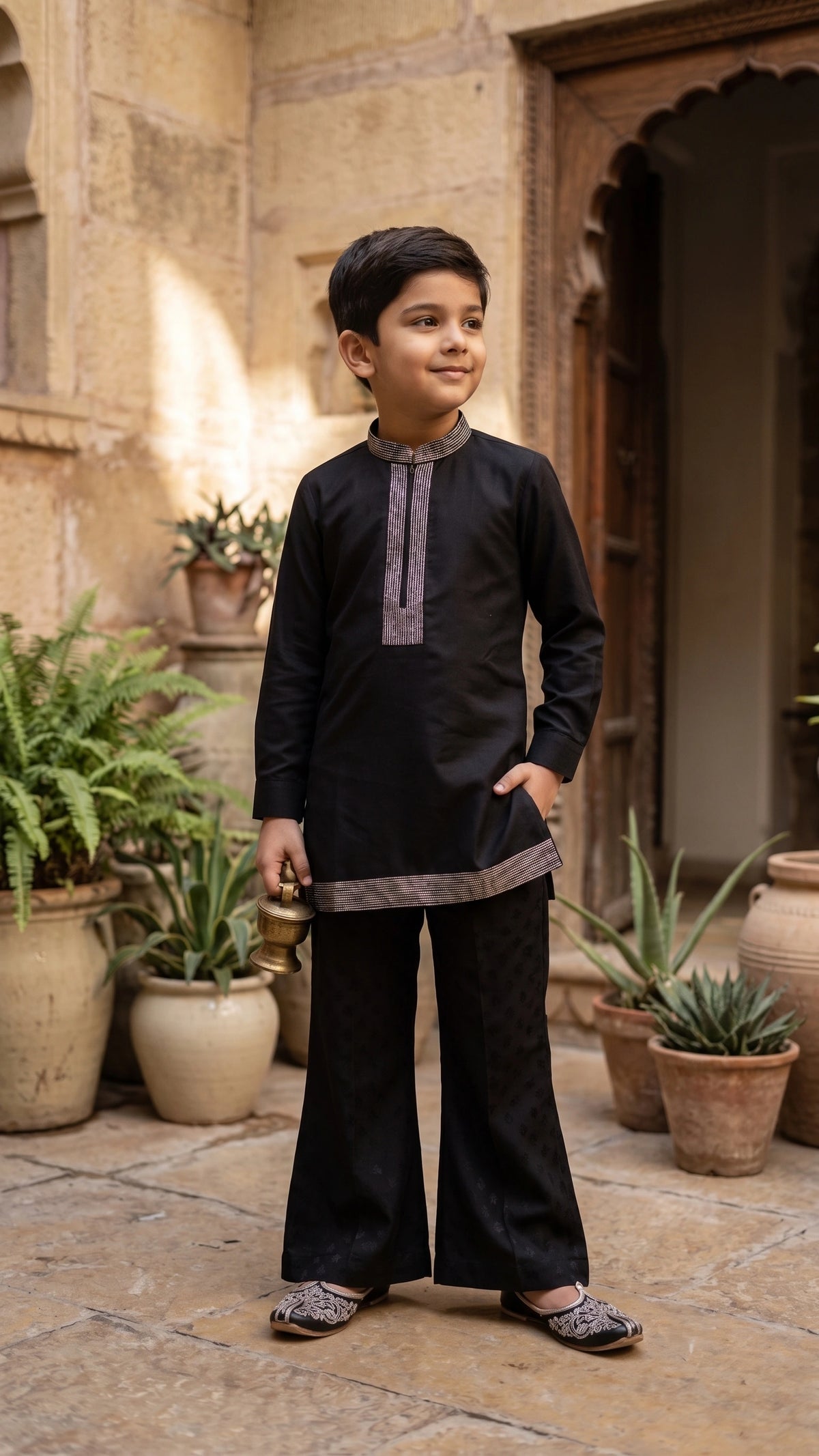 Boys' Jet-Black Embellished Kurta & Wide-Leg Trouser Set
