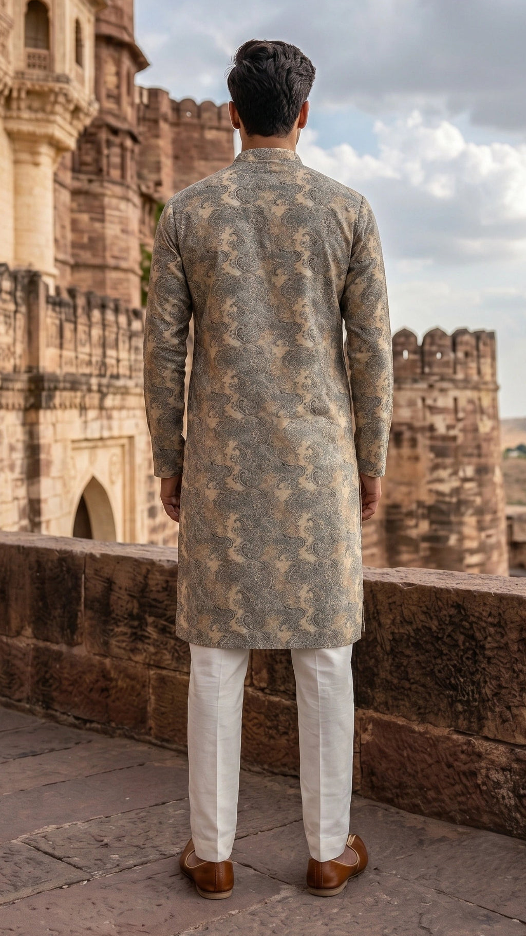 Vintage Beige & Slate Paisley Printed Kurta for Men