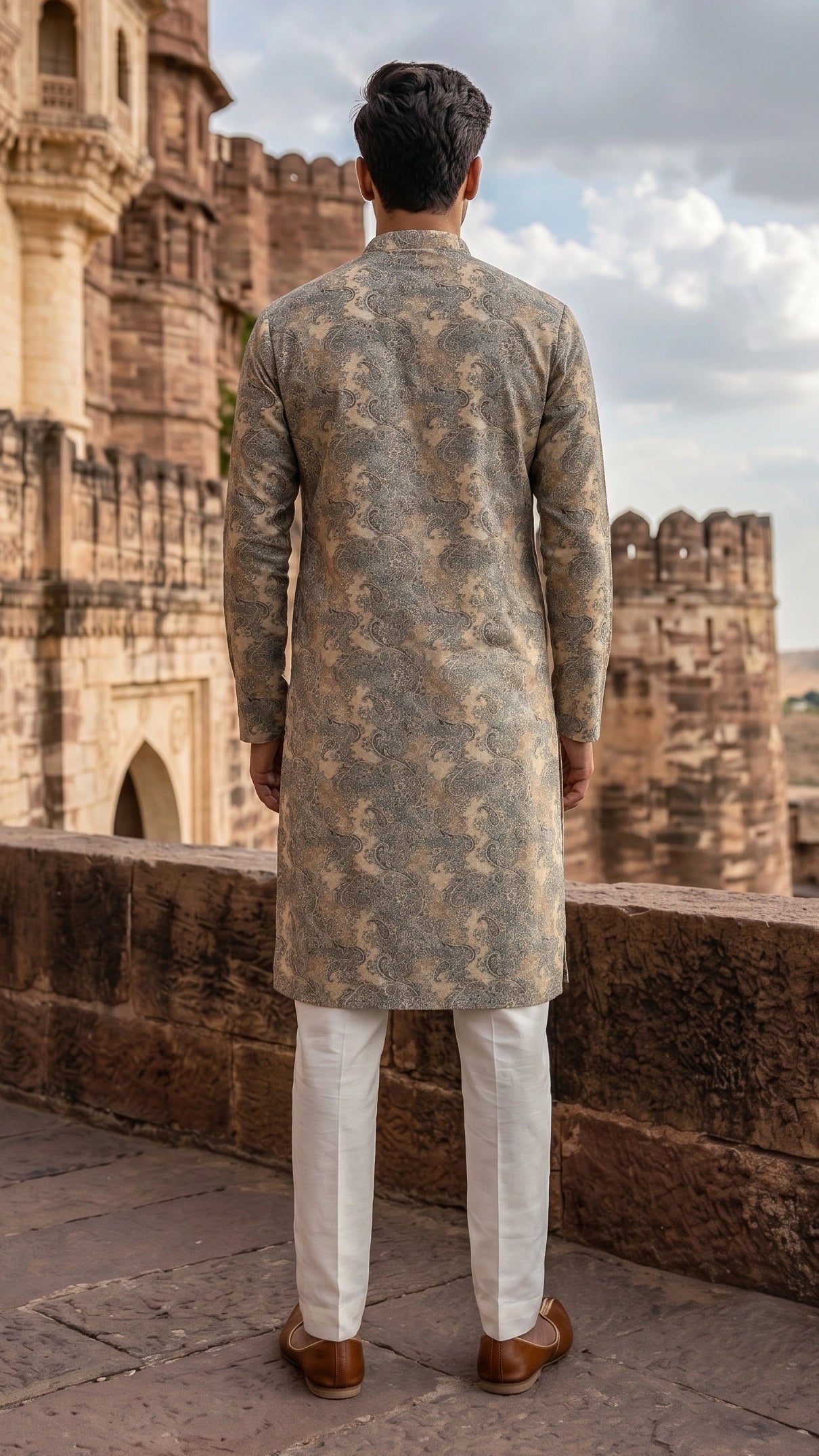 Vintage Beige & Slate Paisley Printed Kurta for Men