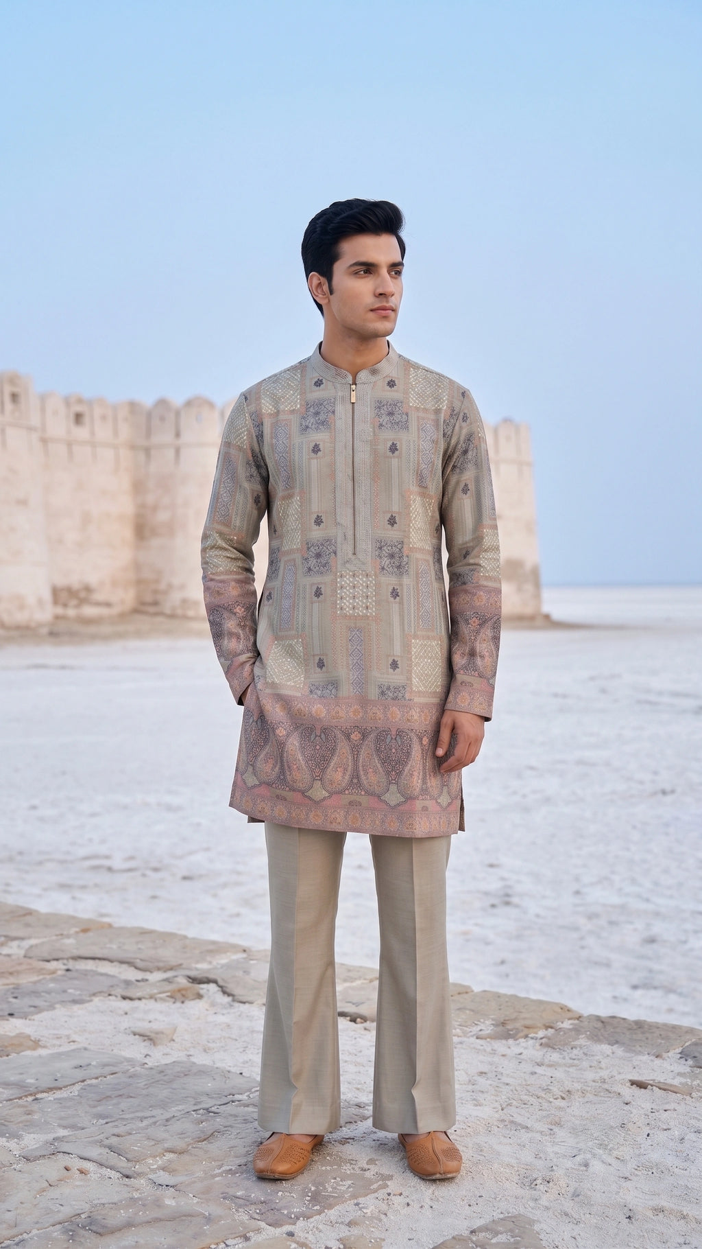 Sage & Muted Slate Geometric Paisley Short Kurta Set