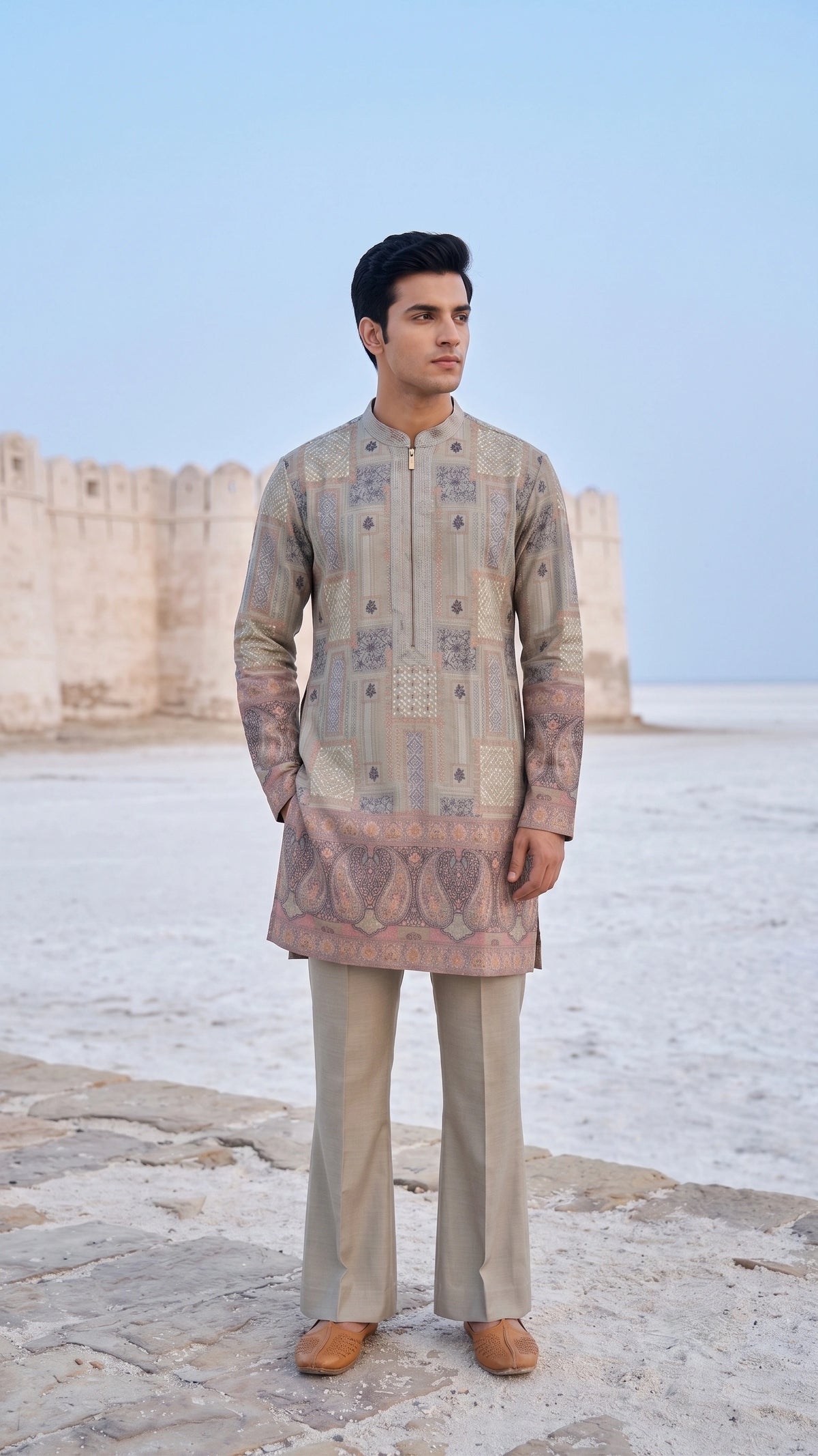 Sage & Muted Slate Geometric Paisley Short Kurta Set