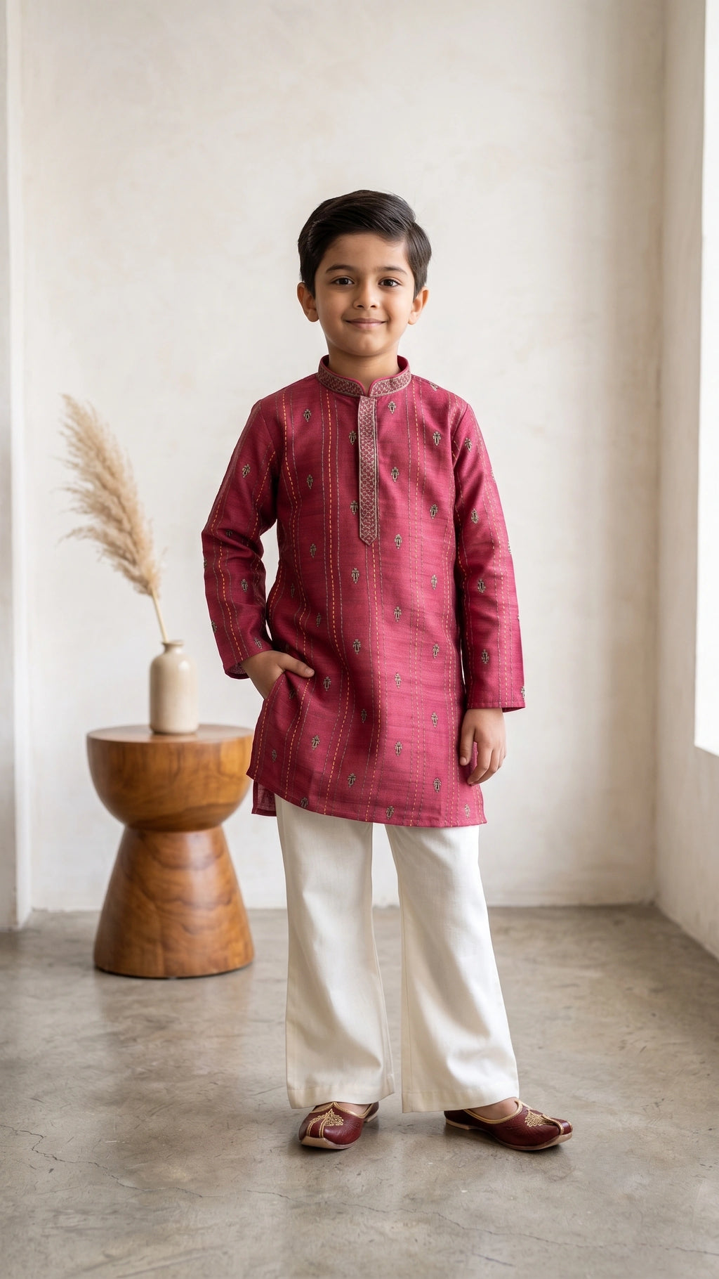Boys Rich Wine Dupion Silk Kurta Set with Off-White Wide-Leg Trousers