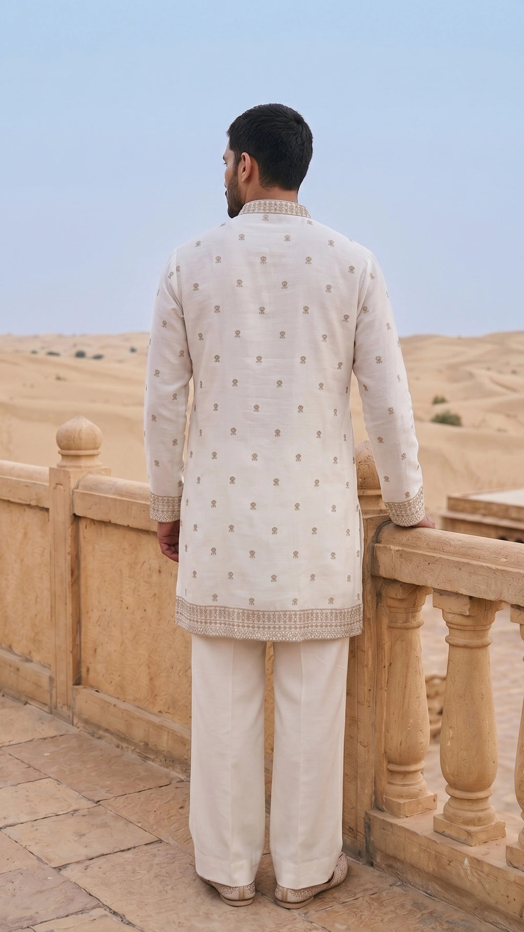 Ivory & Antique Gold Embroidered Silk Kurta