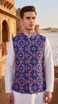 Heritage Royal Blue Geometric Ikat Print Bandhgala Waistcoat