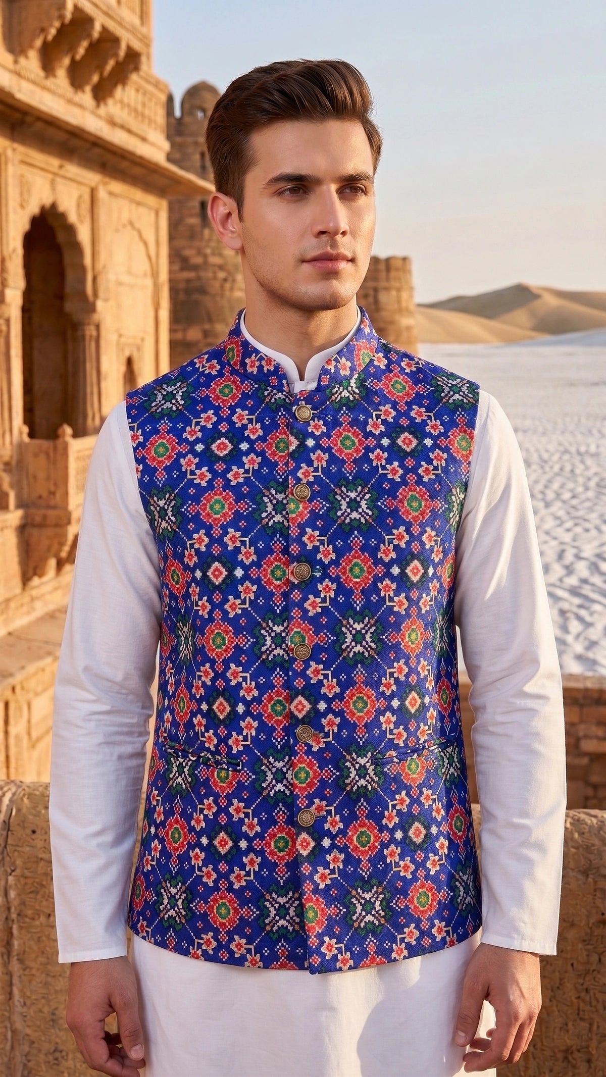 Heritage Royal Blue Geometric Ikat Print Bandhgala Waistcoat