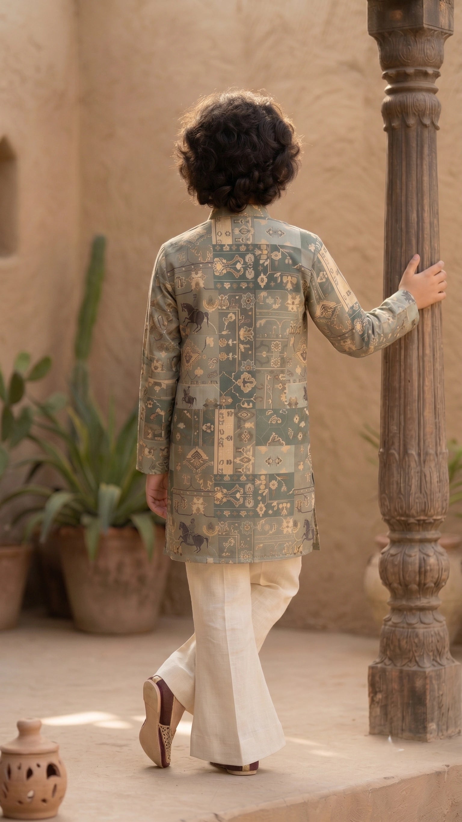 Sage Green Heritage Motif Boys' Kurta Set with Flared Bell-Bottom Trousers