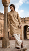 Men's Luxury Embroidered Festive Kurta – Golden Beige Tonal Work