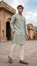 Men's Pastel Green Silk Blend Festive Kurta with Intricate Neck Detailing