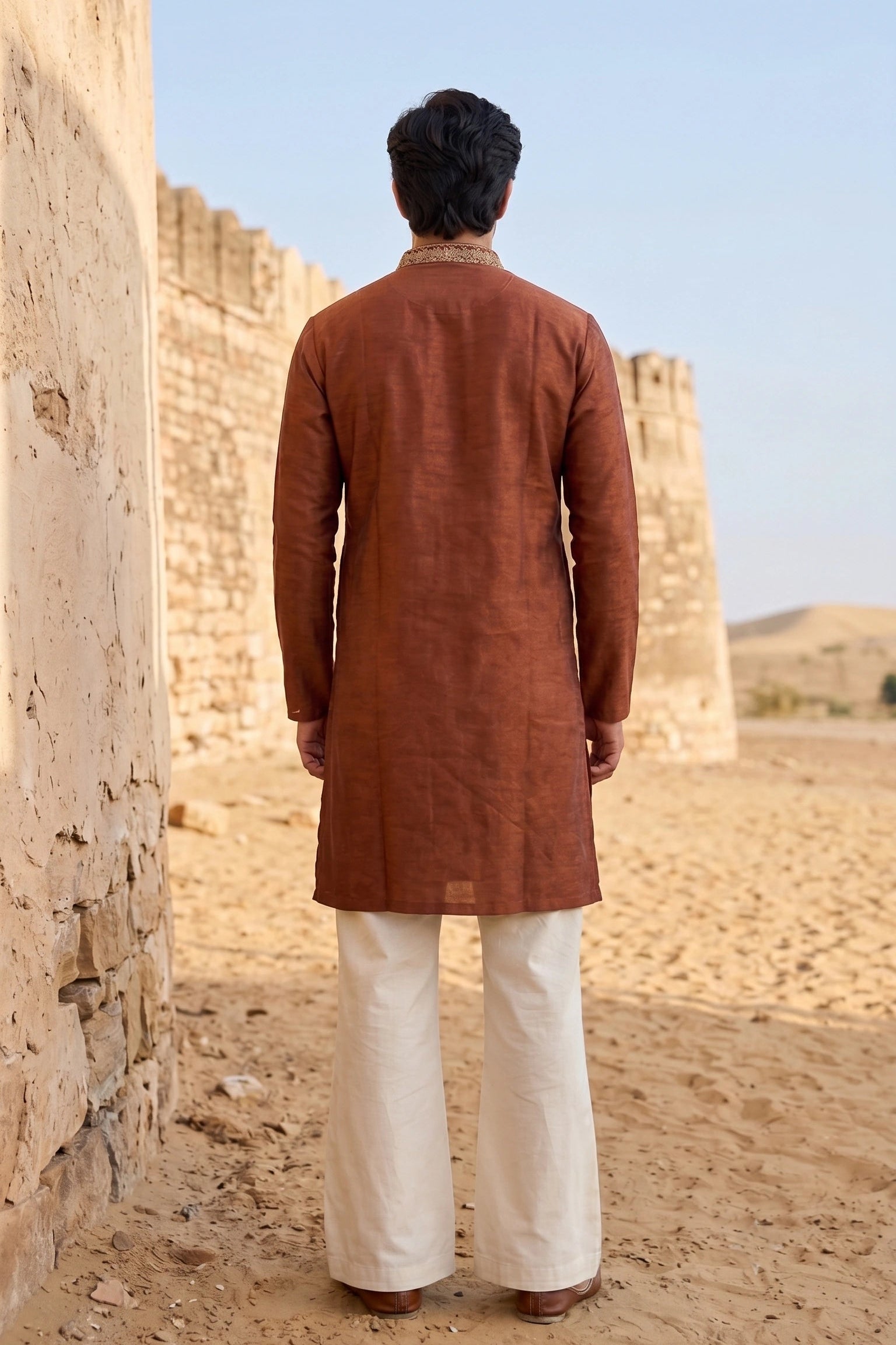 Men's Earthy Rust Kurta with Intricate Gold Thread Embroidery