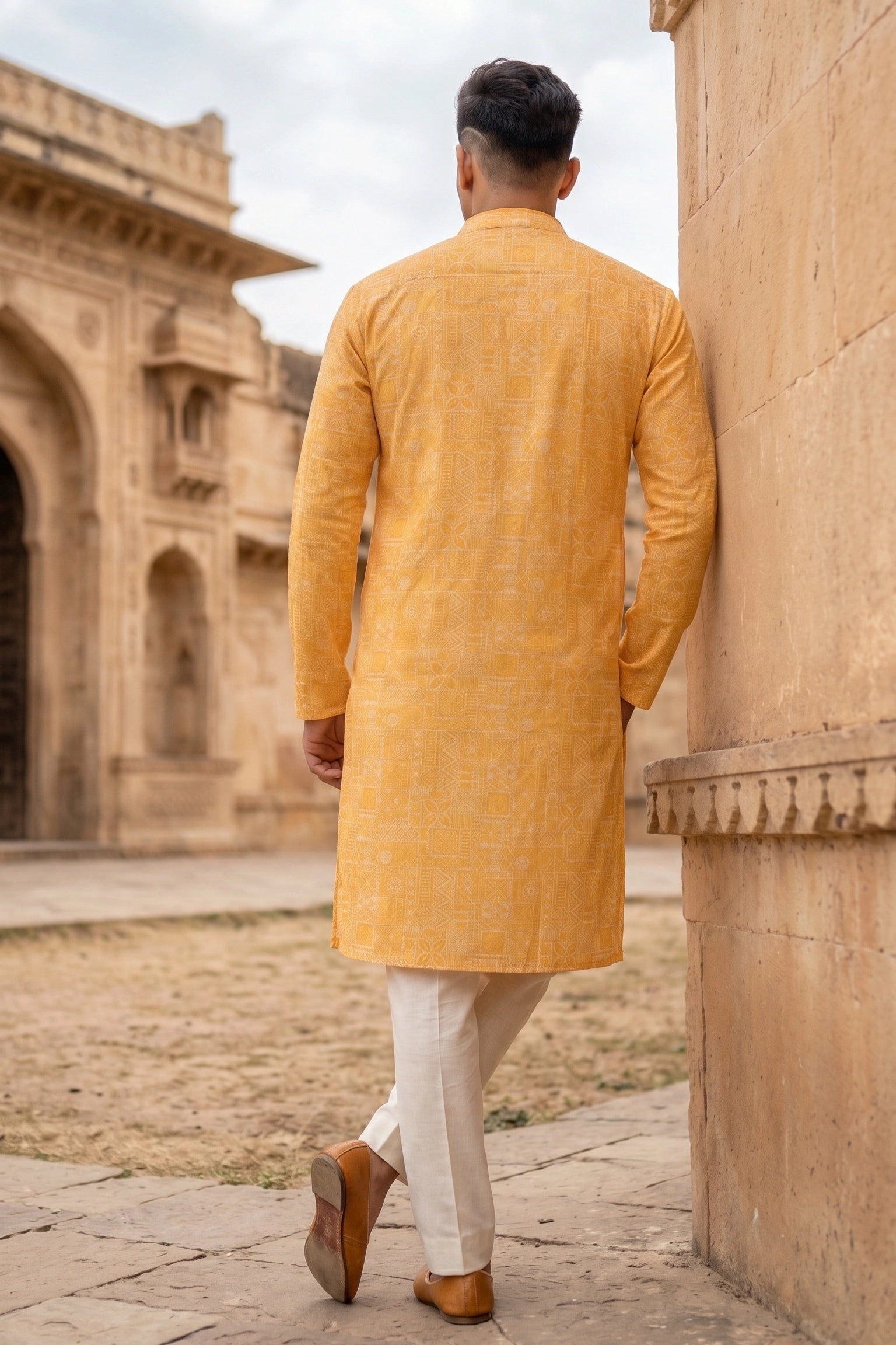 Men’s Yellow Tailored Mandrain Collar Printed Kurta