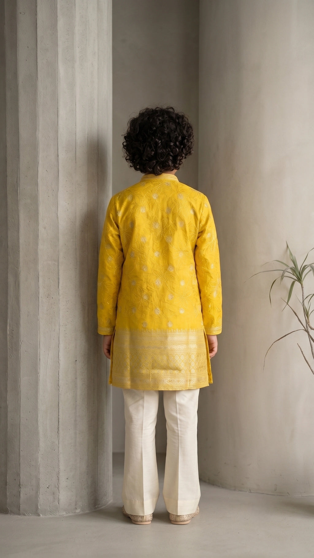 Boys Mustard Yellow Embroidered Silk Kurta with Off-White Bootcut Trousers